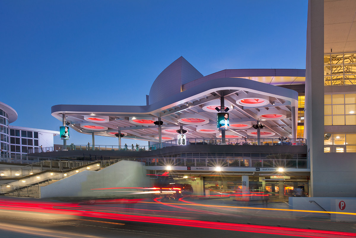 Architectural dusk view of the of the FTX Arena terrace in Miami, FL.